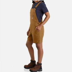 Carhartt Women's Rugged Flex Short Bib Overalls in Caramel tan, medium
